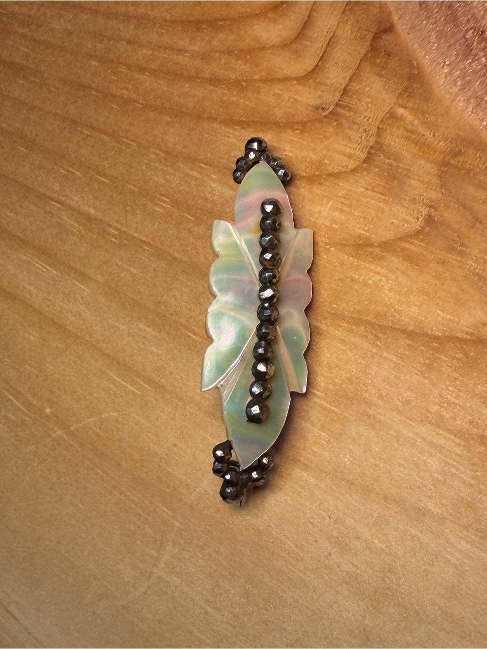 Vintage Mother-of-Pearl Leaf Brooch with Hematite Beads - Women Jewelry